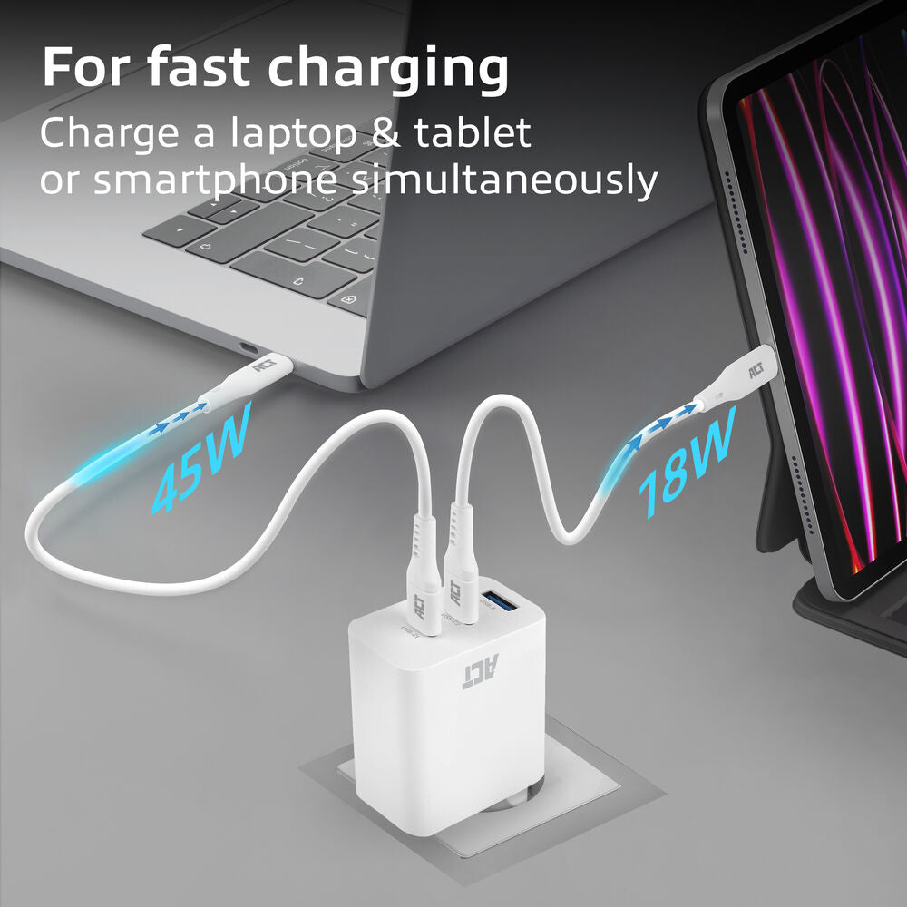 ACT USB-C/USB-A lader 65W 3-poorts met Power Delivery PPS, QuickCharge en GanFast AC2170