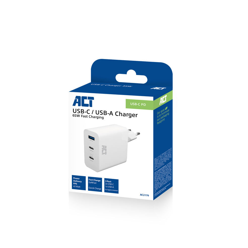 ACT USB-C/USB-A lader 65W 3-poorts met Power Delivery PPS, QuickCharge en GanFast AC2170