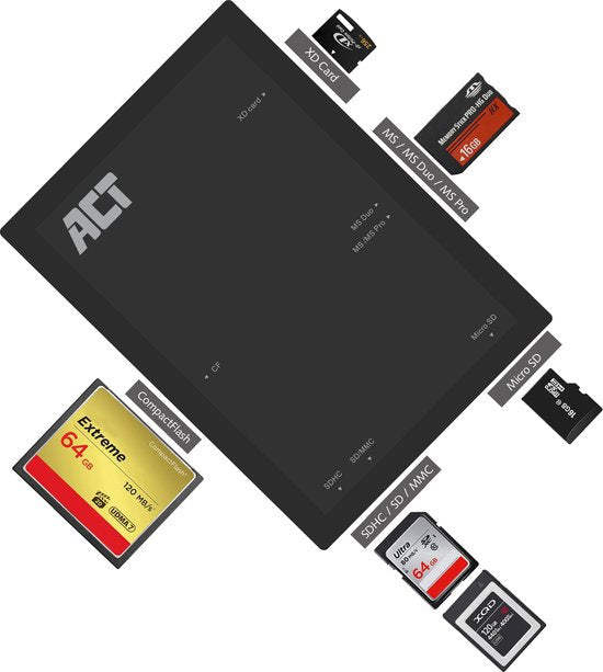 ACT USB Cardreader met USB-A connector en 5 kaartsleuven - voor (Micro) SD/MMC/TF/XD/CF/Memory Stick - USB3.0 AC6370