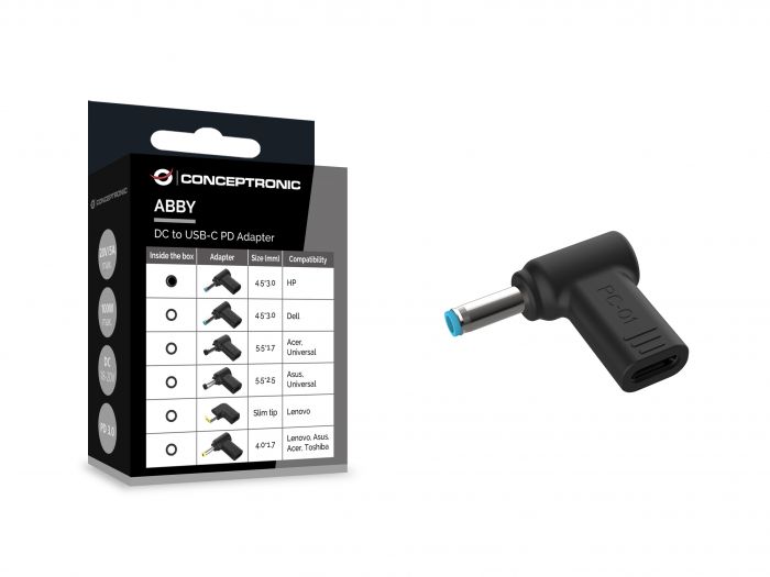 CONCEPTRONIC Adapter USB-C -> DC, HP 4.5x3.0mm 18-20V zwart