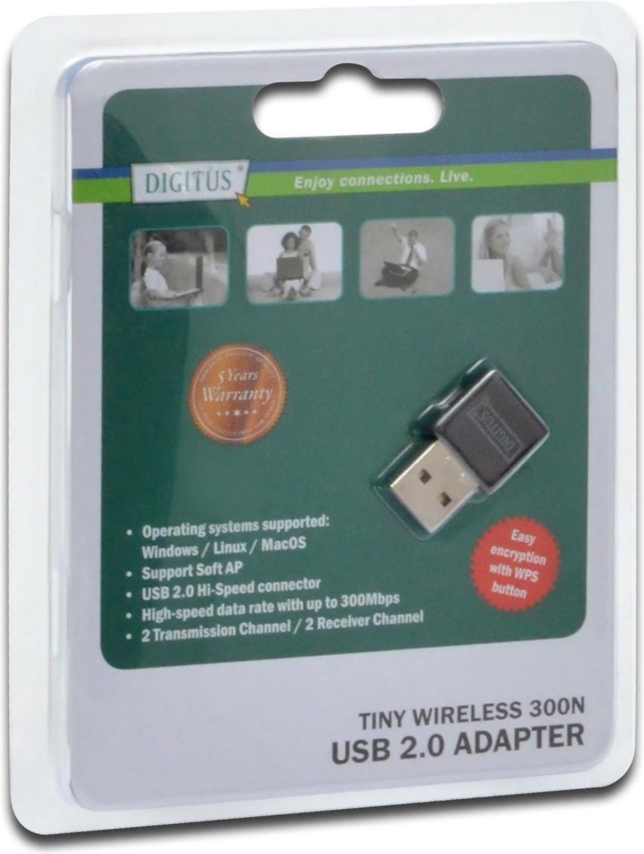 DIGITUS WLAN USB-Adapter 300Mbps Tiny Size zwart + WPS