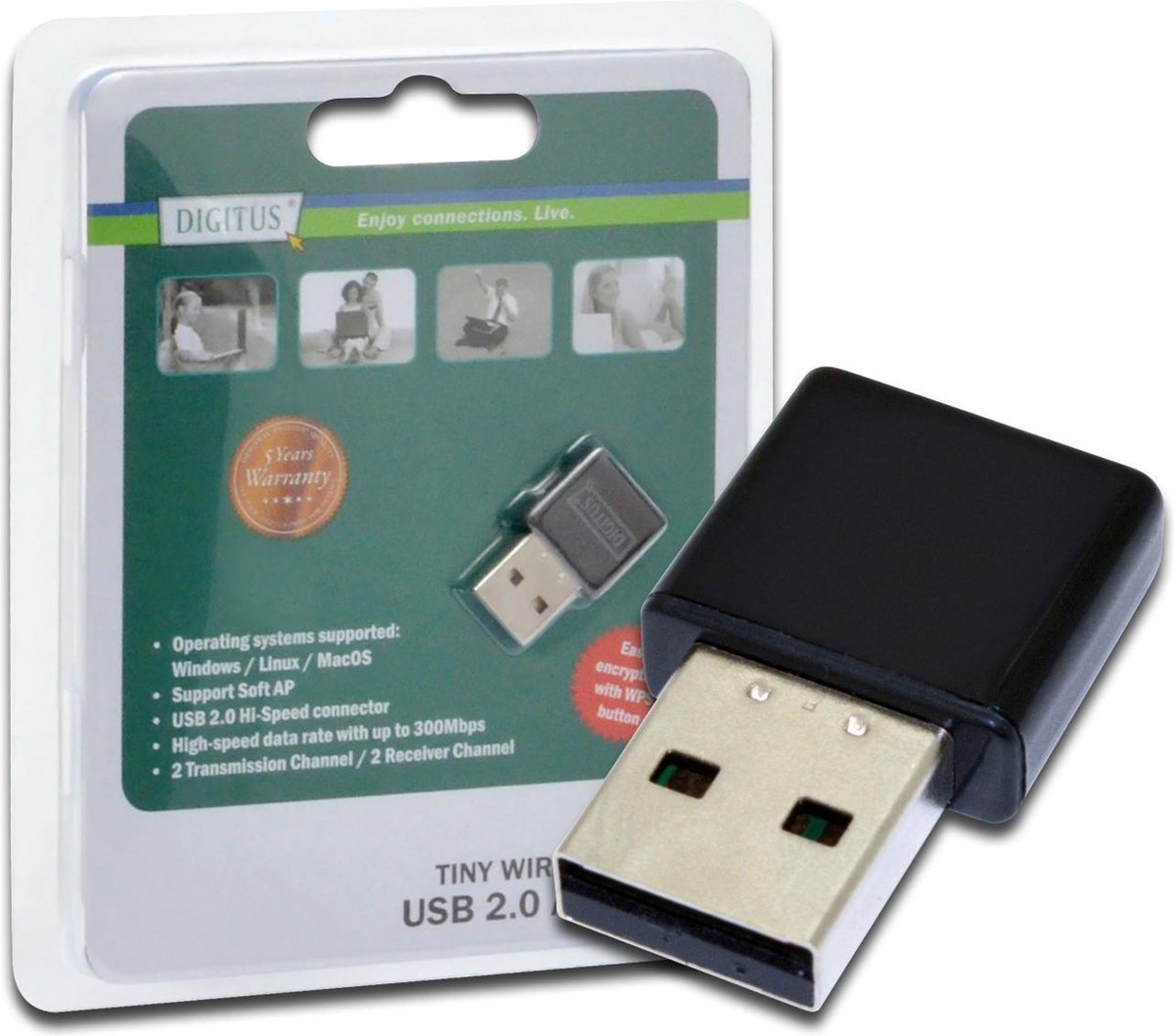 DIGITUS WLAN USB-Adapter 300Mbps Tiny Size zwart + WPS