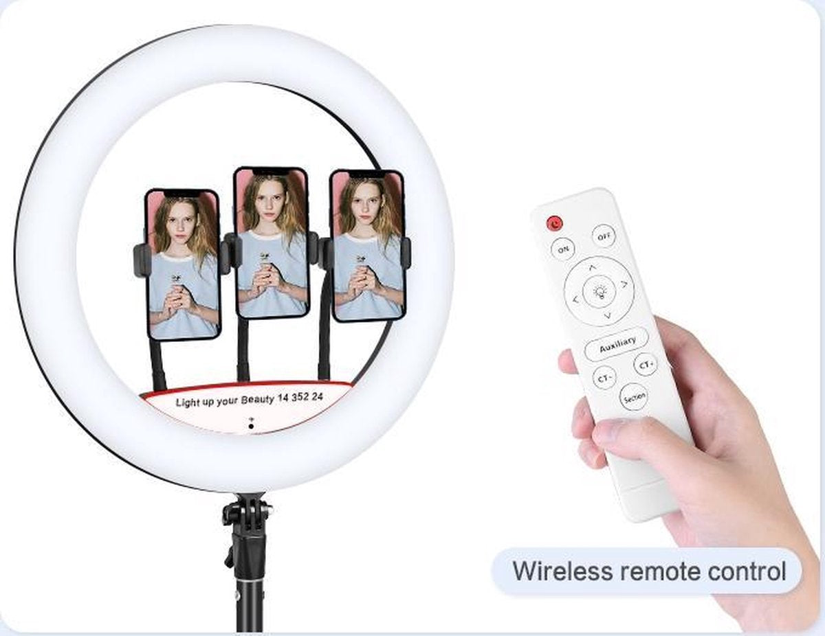 Ringlamp met Statief voor 3 Smartphones - In Hoogte Verstelbare Ring Lamp tot 200 cm